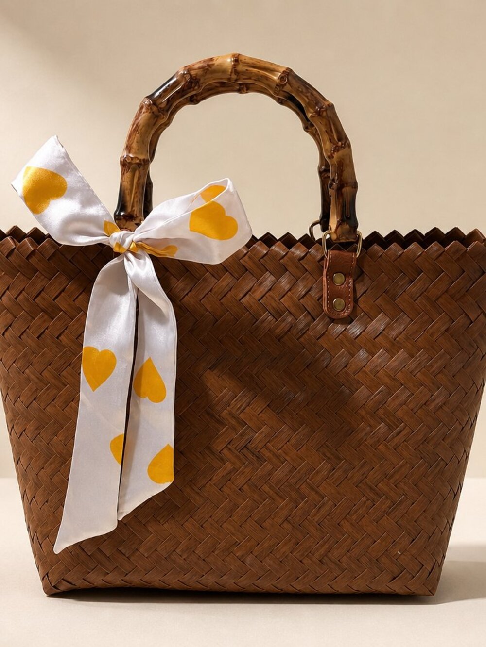 NWT Handwoven Chestnut Brown Basket Tote | Bamboo Handle + Heart Scarf
